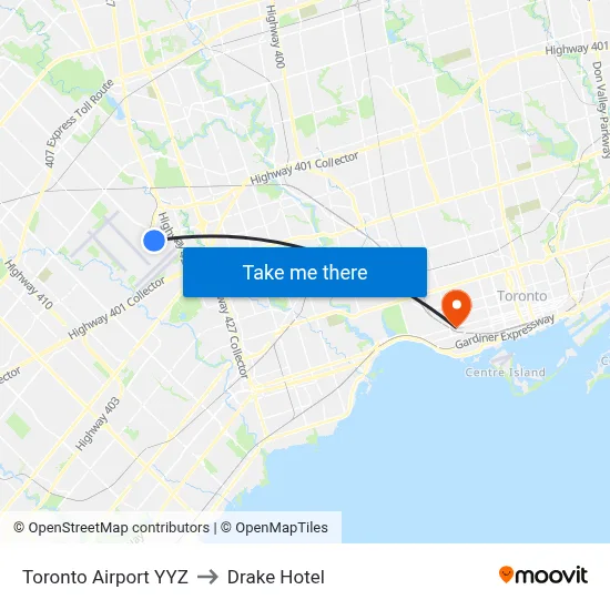Toronto Airport YYZ to Drake Hotel map