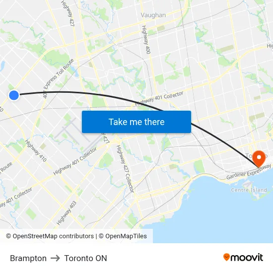 Brampton to Toronto ON map