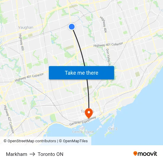 Markham to Toronto ON map