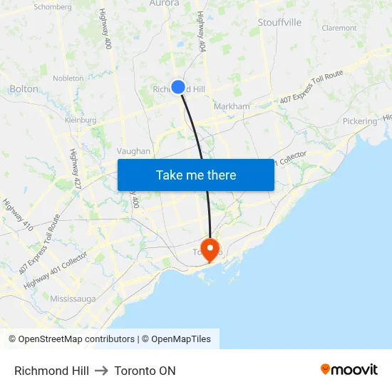 Richmond Hill to Toronto ON map