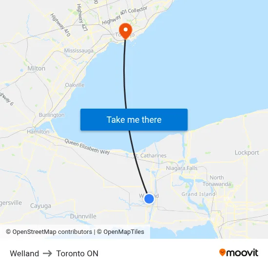 Welland to Toronto ON map