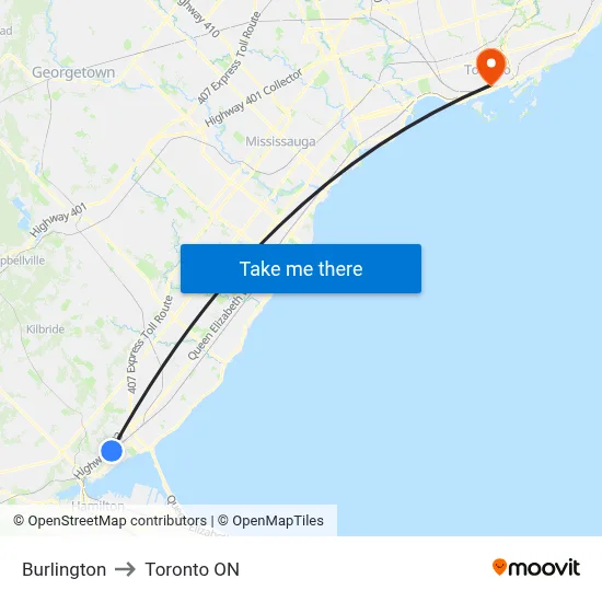 Burlington to Toronto ON map