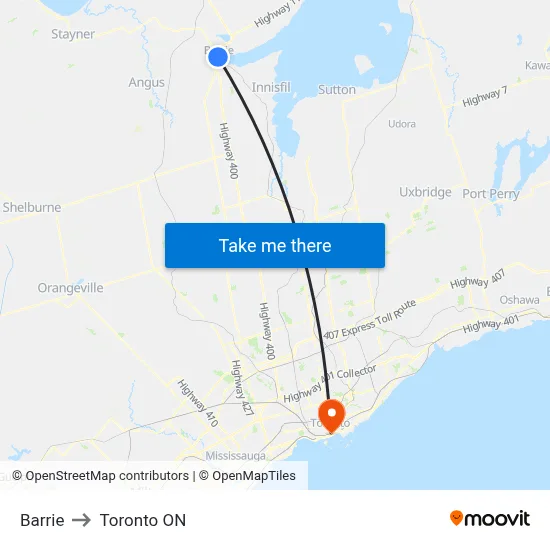 Barrie to Toronto ON map