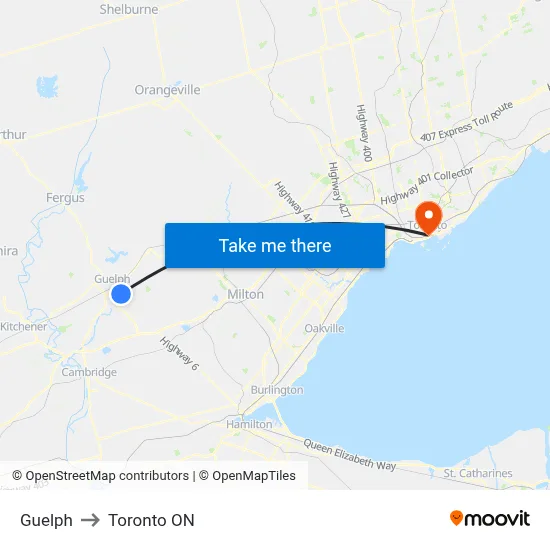 Guelph to Toronto ON map