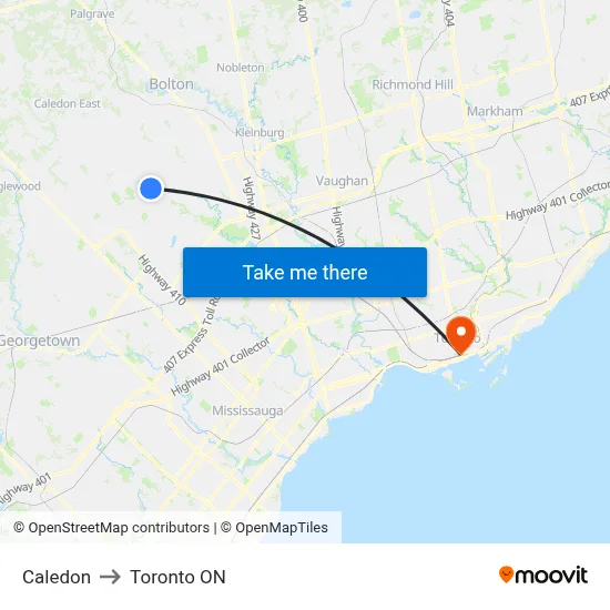 Caledon to Toronto ON map
