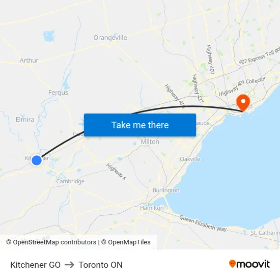 Kitchener GO to Toronto ON map