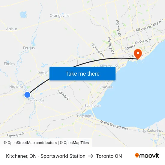 Kitchener, ON - Sportsworld Station to Toronto ON map
