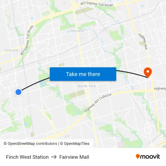 Finch West Station to Fairview Mall map