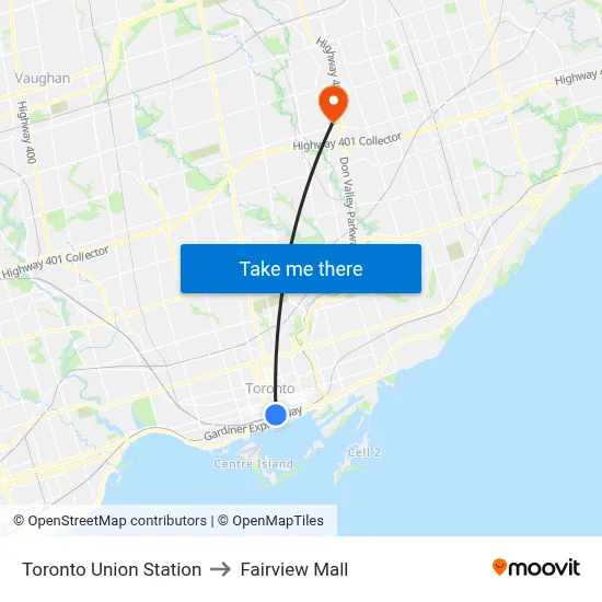 Toronto Union Station to Fairview Mall map