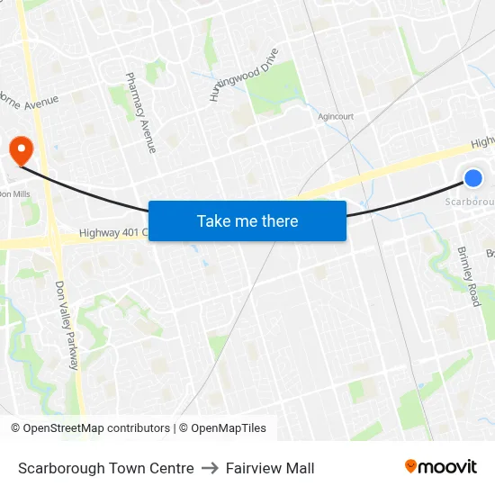 Scarborough Town Centre to Fairview Mall map