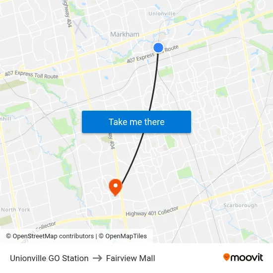 Unionville GO Station to Fairview Mall map