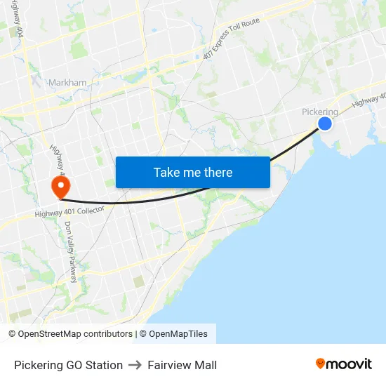 Pickering GO Station to Fairview Mall map