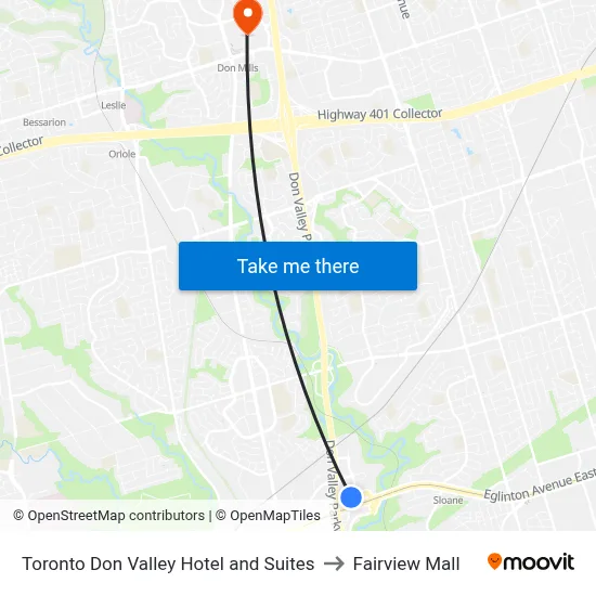 Toronto Don Valley Hotel and Suites to Fairview Mall map