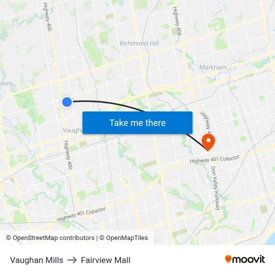 Vaughan Mills to Fairview Mall map