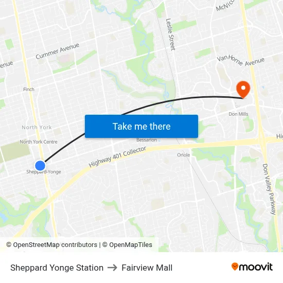 Sheppard Yonge Station to Fairview Mall map