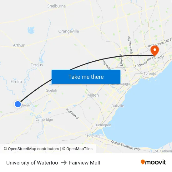 University of Waterloo to Fairview Mall map