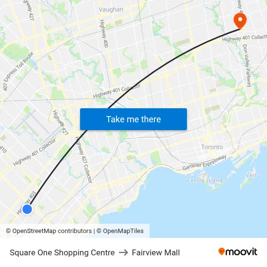 Square One Shopping Centre to Fairview Mall map
