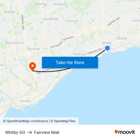 Whitby GO to Fairview Mall map
