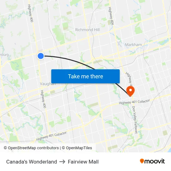 Canada’s Wonderland to Fairview Mall map