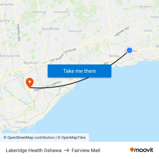Lakeridge Health Oshawa to Fairview Mall map