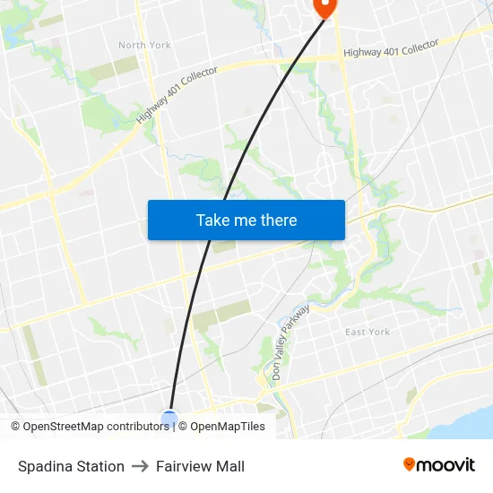 Spadina Station to Fairview Mall map