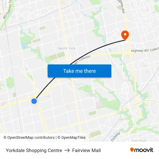 Yorkdale Shopping Centre to Fairview Mall map