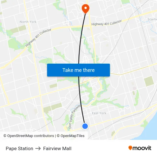 Pape Station to Fairview Mall map