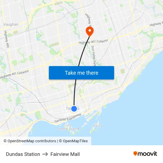 Dundas Station to Fairview Mall map