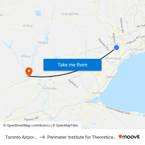 Toronto Airport YYZ to Perimeter Institute for Theoretical Physics map