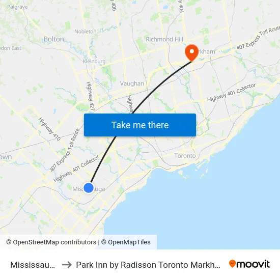 Mississauga to Park Inn by Radisson Toronto Markham map