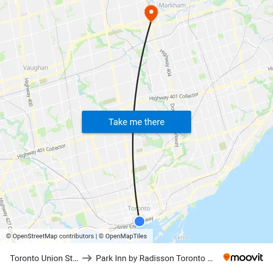 Toronto Union Station to Park Inn by Radisson Toronto Markham map
