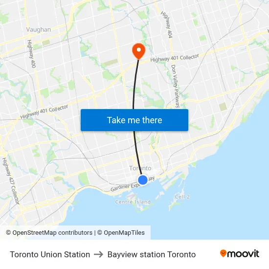 Toronto Union Station to Bayview station Toronto map
