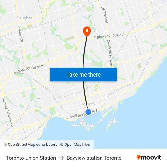 Toronto Union Station to Bayview station Toronto map