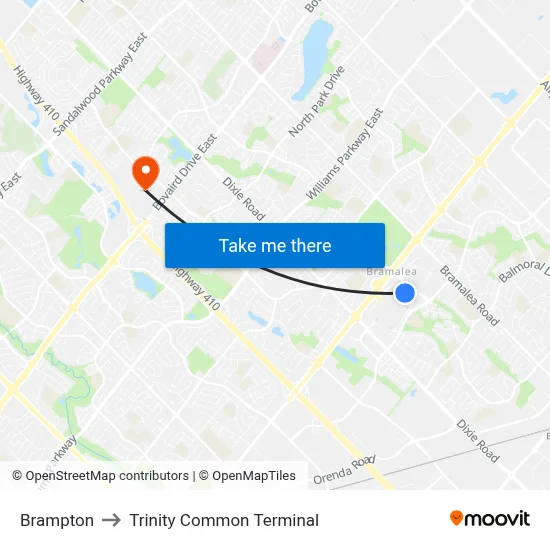 Brampton to Trinity Common Terminal map