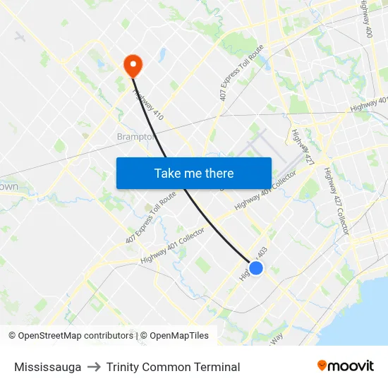Mississauga to Trinity Common Terminal map