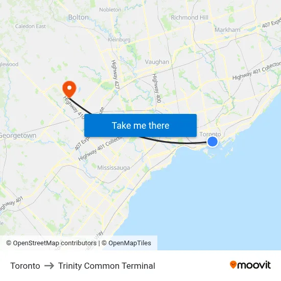 Toronto to Trinity Common Terminal map