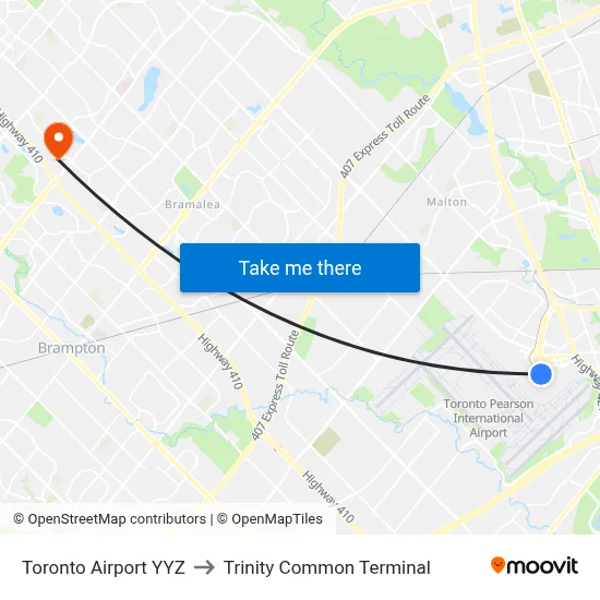 Toronto Airport YYZ to Trinity Common Terminal map
