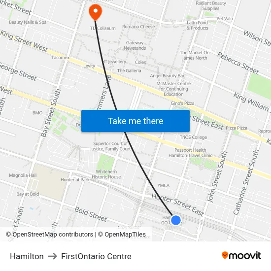 Hamilton to FirstOntario Centre map