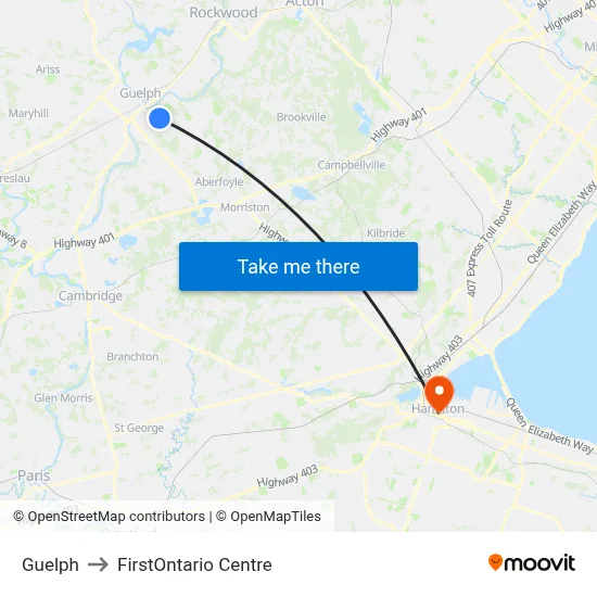 Guelph to FirstOntario Centre map