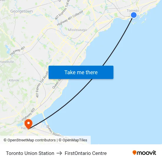 Toronto Union Station to FirstOntario Centre map
