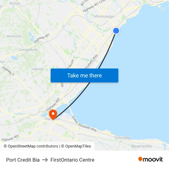Port Credit Bia to FirstOntario Centre map