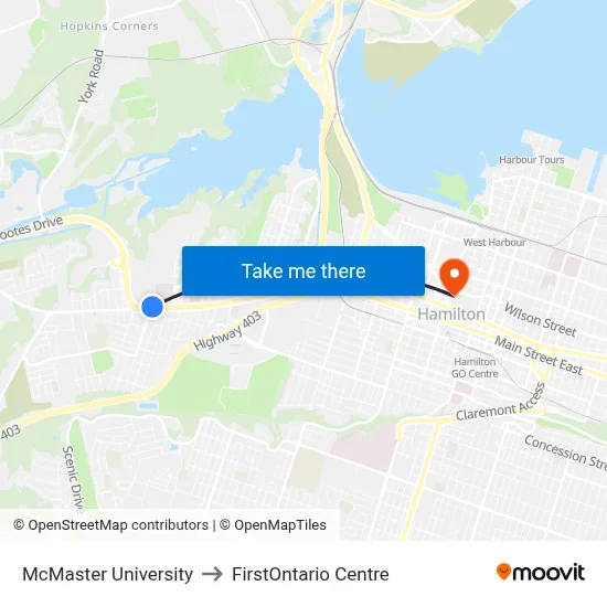 McMaster University, 1280 Main St W to FirstOntario Centre map
