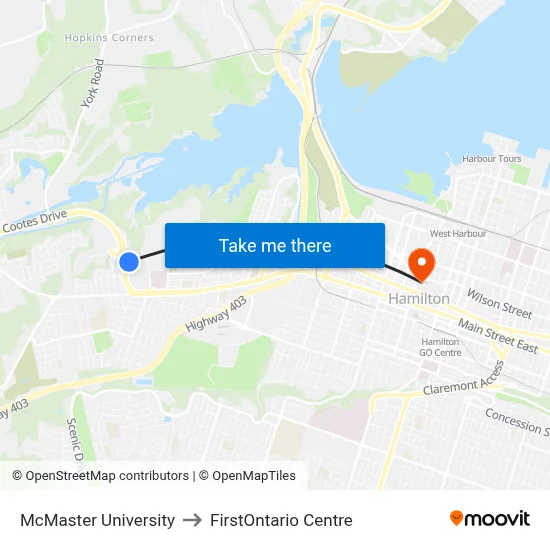 McMaster University to FirstOntario Centre map