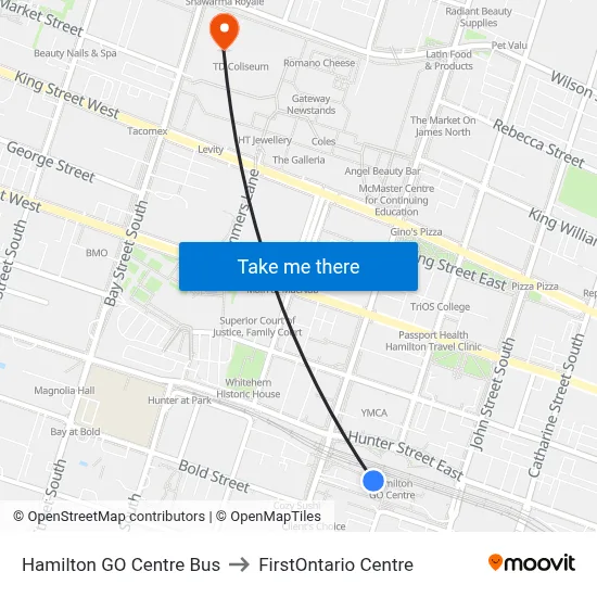 Hamilton GO Centre Bus to FirstOntario Centre map