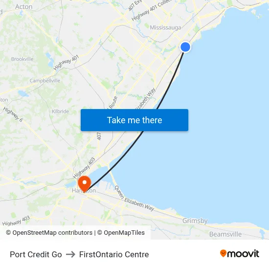 Port Credit Go to FirstOntario Centre map