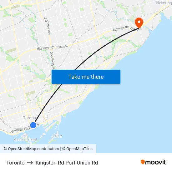 Toronto to Kingston Rd Port Union Rd map
