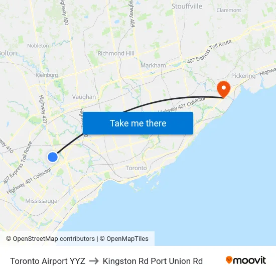 Toronto Airport YYZ to Kingston Rd Port Union Rd map