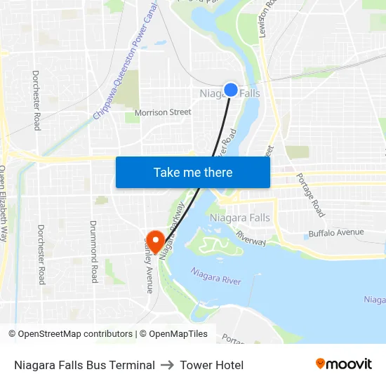 Niagara Falls Bus Terminal to Tower Hotel map
