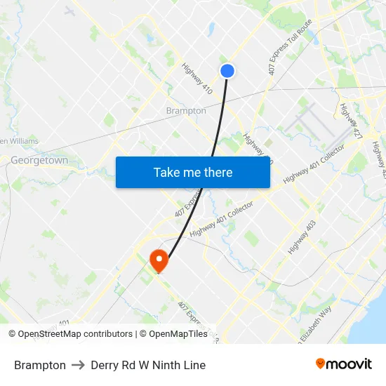 Brampton to Derry Rd W Ninth Line map