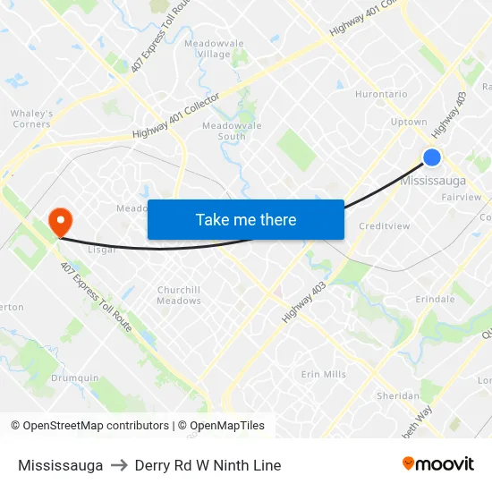 Mississauga to Derry Rd W Ninth Line map